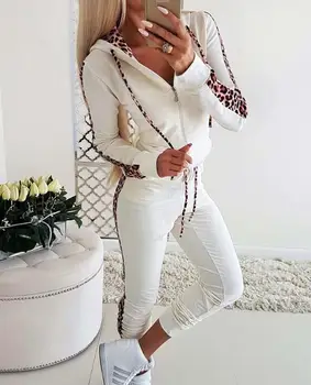 Комплект из топа и брюк с капюшоном на леопардовой молнии и завязками, повседневная новинка 2023 года, хит продаж, модная женская одежда
