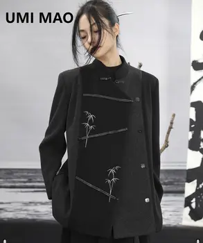 Шерстяная куртка в стиле пэчворк UMI MAO для женщин Осень Зима Новая Китайская Цветовая контрастная вышивка из листьев бамбука Свободное Черное пальто