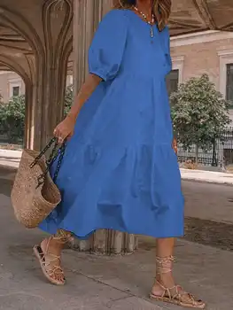 VONDA 2023, Летнее платье до середины икры, женский сексуальный повседневный Однотонный праздничный халат с коротким рукавом-фонариком, Свободный Богемный сарафан с оборками.