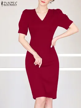 Женское платье длиной до колен ZANZEA, элегантный пышный сарафан с коротким рукавом, Офисный женский халат с V-образным вырезом, Лето 2023, повседневные платья для похудения