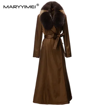 MARYYIMEI Новое модное дизайнерское пальто с двойным воротником для подиума, женский тренч со съемным меховым воротником и поясом в британском стиле