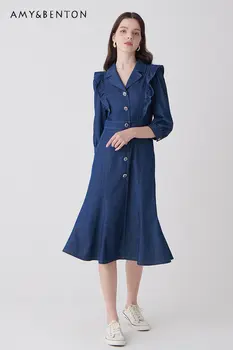 Модное высококачественное джинсовое платье во французском стиле с деревянными ушками, осень 2023, новое темпераментное платье для похудения с регулируемой талией