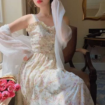 Платье на ремешке Женское Французское элегантное винтажное платье с цветочным рисунком Sweet 2024 Летняя модная одежда для вечеринок Цельное платье Корейское