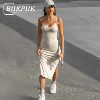 BIIKPIIK Спортивное приталенное платье на бретельках с открытой спиной, женское сексуальное повседневное платье из однотонной трикотажной ткани с вентиляционным отверстием, лаконичная базовая одежда для фитнеса