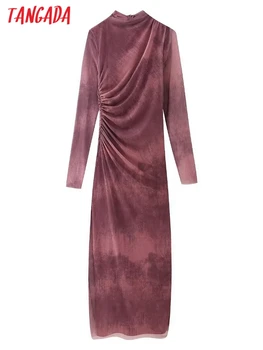 Tangada 2023 Женское плиссированное сетчатое платье с принтом, Сексуальные женские платья Миди BE343