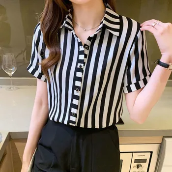 Рубашка в полоску, Женская Повседневная офисная блузка с коротким рукавом, большие размеры, Модные Свободные Корейские топы