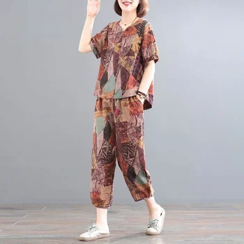 Комплекты брюк с принтом, Корейская мода, свободная хлопковая футболка с V-образным вырезом и шаровары большого размера, комплект из двух предметов, женская одежда
