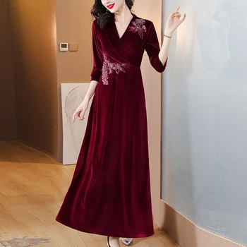 2024 новое модное красное свадебное платье, бархатная элегантная женская одежда для похудения с V-образным вырезом
