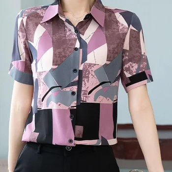 Пуговицы с геометрическим отложным воротником и коротким рукавом, деловая повседневная женская одежда, летняя мода, тонкие блузки в стиле Casual Simplicity