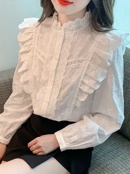 Женская рубашка с рюшами и вышивкой, новый осенний хлопковый белый топ с длинным рукавом и воротником-стойкой