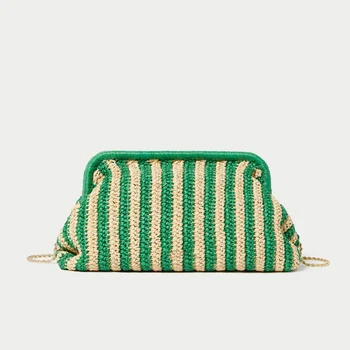 Клатч из рафии женская летняя пляжная сумка ручной работы, вязаная крючком, плетеная из соломы, каркасная сумочка цвета хаки, натуральная зеленая полосатая сумочка 2023 года, новинка