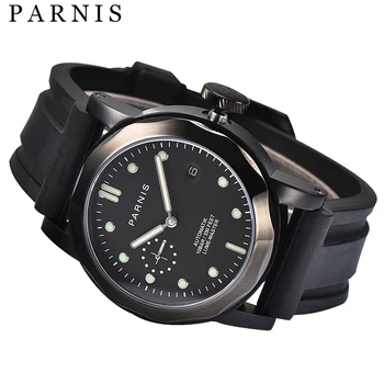 Модные мужские часы Parnis 43 мм с черным циферблатом, автоматические Механические мужские часы, Сапфировое стекло, Кожаный ремешок, Водонепроницаемые часы для мужчин 2023