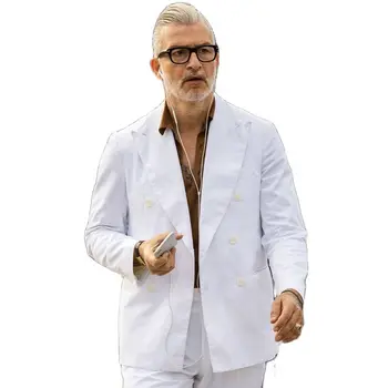 Белые уличные модные Летние мужские костюмы, Приталенный пиджак, Двубортная классическая свадебная одежда жениха/Блейзер, брюки, сшитые на заказ