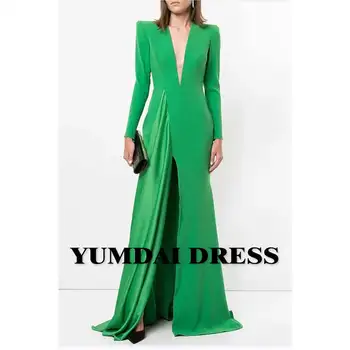 Элегантное Вечернее платье YUMDAI С Длинным Рукавом И V-образным вырезом, Женское Вечернее платье для Особых случаев Из Саудовской Аравии, Зеленое Вечернее Бальное Платье Со шлейфом