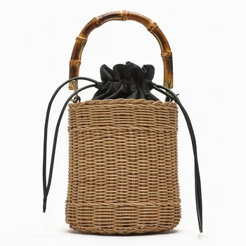 Новая женская богемная сумка через плечо на шнурке, плетеные соломенные сумки-ведра, женские пляжные сумки из ротанга с бамбуковой ручкой