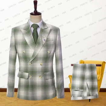 2023 Новый модный мужской комплект из зеленого классического льна в клетку, мужской деловой официальный смокинг для жениха и шафера, пиджак-двойка для вечеринки, пальто