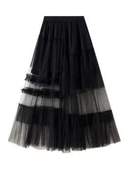 Женская тюлевая юбка Миди с эластичной высокой талией, многослойная плиссированная сетка, струящиеся юбки-пачки А-силуэта для выпускного вечера, длинные юбки-пачки
