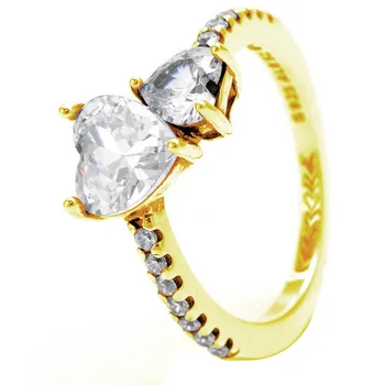 Оригинальное золотое сверкающее кольцо с двойным сердцем и кристаллом Для женщин, кольцо из стерлингового серебра 925 пробы, подарок, Изысканные ювелирные изделия из Европы