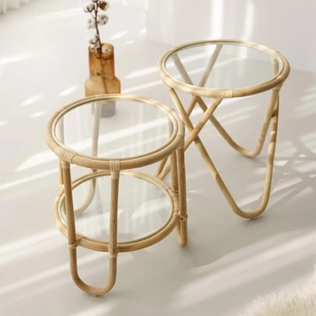 Маленький чайный столик, плетеный из лозы, проживание в семье, простая домашняя обстановка, угловой столик, креативный прикроватный стеклянный маленький круглый столик