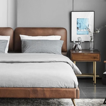 Городская современная минималистичная кожаная кровать, дизайнерская мебель, двуспальная кровать, итальянский минимализм, главная спальня, скандинавский свет, роскошный стиль
