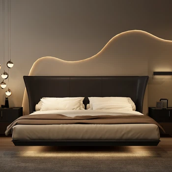 минималистская кожаная кровать, черная плавающая кровать для маленькой квартиры, современная минималистская двуспальная кровать в главной спальне, супружеская кровать