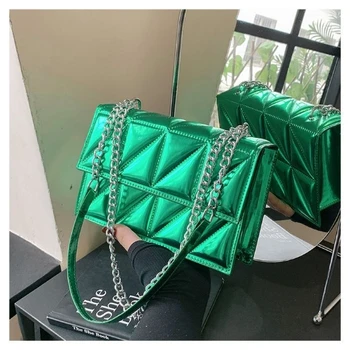 2023 Green Girl Woman Messenger Трендовая сумка через плечо с цепочкой из искусственной ПВХ кожи, женская блестящая зеркальная сумка, кошельки, Офисная женская сумка