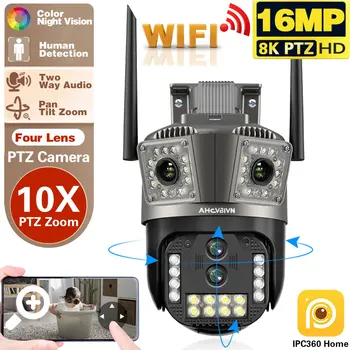 16MP 8K Wifi IP-Камера с 10-Кратным Зумом Наружная Беспроводная Камера Безопасности 4K Четырехобъективная PTZ-Камера Smart Home CCTV Wifi Камеры Наблюдения