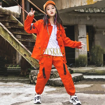 Оранжевые брюки, Рубашка в стиле хип-хоп для девочек, Комплекты одежды, Детская Уличная одежда, Джазовое пальто, костюмы, Куртка для уличных танцев для мальчиков
