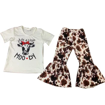 Комплект летней одежды для маленьких девочек, топы-рубашка Heifer + леопардовые расклешенные брюки, комплект одежды для девочек