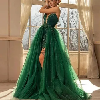 Изысканное зеленое роскошное коктейльное бальное платье, платье для выпускного вечера со съемным шлейфом, вечернее платье со шлейфом для торжественного случая