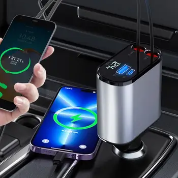 100 Вт 4 В 1 Выдвижное автомобильное зарядное устройство Кабель Type C Шнур быстрой зарядки Адаптер прикуривателя для iPhone Samsung