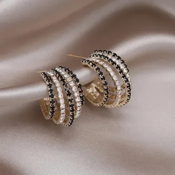 Корейские новые модные ювелирные изделия из 14-каратного золота с многослойным черно-белым кристаллом, С-образные серьги, Элегантные Женские аксессуары для вечеринок