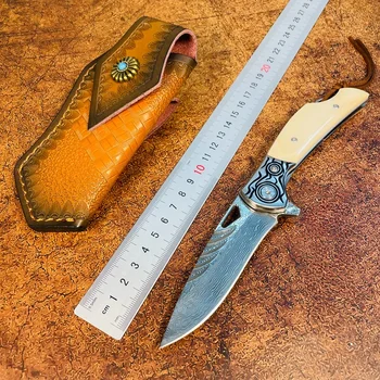Складной нож из Дамасской стали Открытый Военный Портативный Нож для выживания Высокой твердости для самообороны для мужчин Ручка ножа из бычьей кости