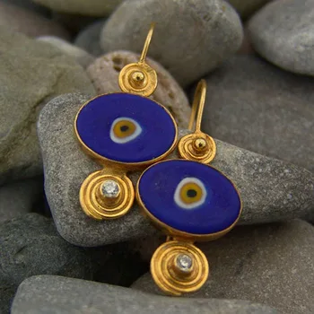 Серьги-подвески с цыганской темно-синей эмалью, турецкие ювелирные изделия, капающий масляный глаз, золотые спиральные серьги-крючки для женщин