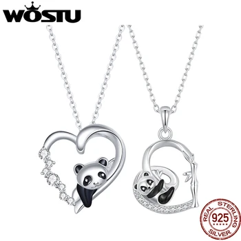 WOSTU Оригинальное ожерелье с пандой из стерлингового серебра 925 пробы, эмаль, Цирконы, подвеска в виде сердца, звено цепи, подходит для женщин, подарок на день Святого Валентина