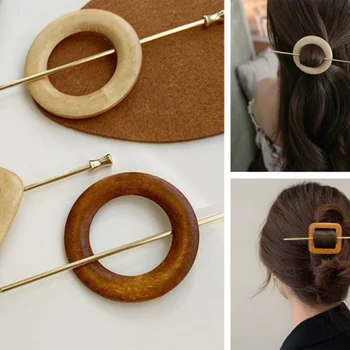 Геометрическая деревянная заколка для волос / Круг и квадратный деревянный держатель для хвоста / Заколка для волос минимального круга с палочкой Женские аксессуары