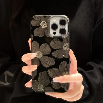 Французский Ретро крутой черный Чехол для телефона с цветочным Рисунком маслом Для iPhone 15 14 13 11 12 Pro Max 15 14 Plus Xr Xs Max case Cute Cover