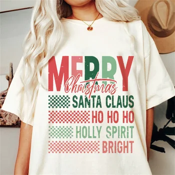 Рождественская модная футболка с мультяшным рисунком, белая футболка с буквенным принтом, женская футболка для отдыха с коротким рукавом, женская футболка для отдыха.