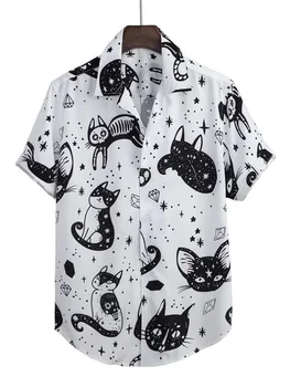 Летние мужские рубашки с кубинским воротником с принтом кота, винтажная рубашка elements, Гавайская пляжная мужская одежда, уличный свободный топ на открытом воздухе