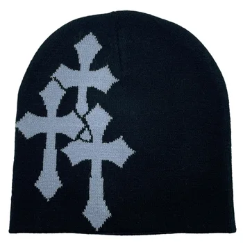 Модная вязаная шапка Y2K с перекрестным рисунком, готическая шапка-бини с тремя крестами, уличная мягкая спортивная шапка, зимняя теплая шапка, пуловер, кепка