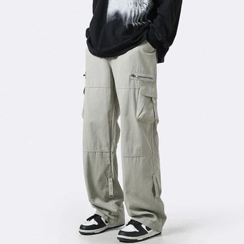 HOUZHOU Брюки-карго Мужские Широкие брюки оверсайз на молнии, мужская уличная одежда в стиле хип-хоп, корейский Японский стиль Сафари с карманами