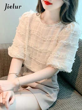 Jielur Летняя новая Корейская шикарная однотонная женская блузка, милая женская элегантная блузка, Абрикосовый шифоновый топ с круглым вырезом, женский