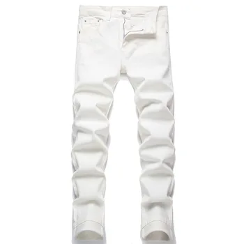 Новинка 2023, весенне-осенняя уличная мода, пять карманов, одноцветное изделие, приталенный крой, Тонкие эластичные маленькие ножки, Белые мужские джинсы средней посадки