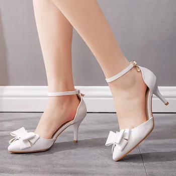 Женщин на каблуке сандалии свадебные бабочка узел пряжки PU ремешок 7 см тонкие каблуки элегантные зрелые женщины мода обувь туфли лодочки