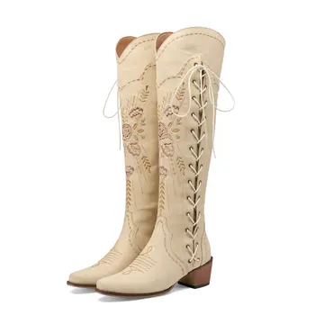 Женская обувь выше колена с этнической богемной цветочной вышивкой, ковбойская обувь на высоком массивном каблуке в западном стиле, длинные сапоги выше колен на шнуровке сбоку
