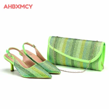 Хит продаж 2024 года, женские туфли и сумка для зрелых женщин на тонком каблуке с острым носком лимонно-зеленого цвета для вечеринки африканских женщин