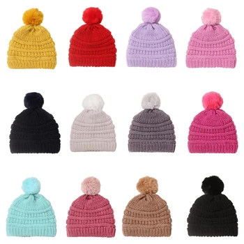 Вязаная шапка с помпоном, универсальная детская осенне-зимняя теплая шапка из шерстяной пряжи