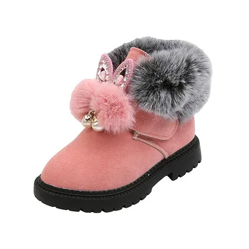 Зимние новые теплые ботинки с плюшевым кроликом для девочек, детская однотонная хлопковая обувь с утолщенной мягкой подошвой, нескользящая