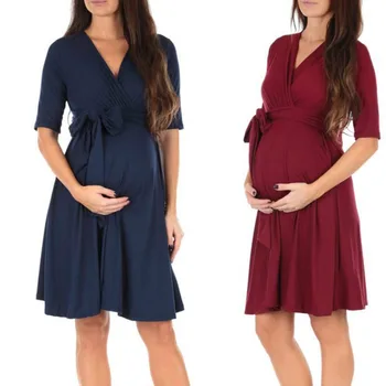 Платье на завязках для беременных, одежда для беременных, Летнее повседневное платье для беременных с коротким рукавом и V-образным вырезом, Vestidos, одежда для беременных