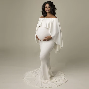 Платья для беременных для фотосессии, комплект из двух предметов с оборками, накидка и платье Baby Showe из мягкого мерсеризованного хлопка, длинные, стрейчевые